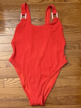 Aerie Women's Textured Bright Orange One-Piece Swimsuit Full Coverage Large